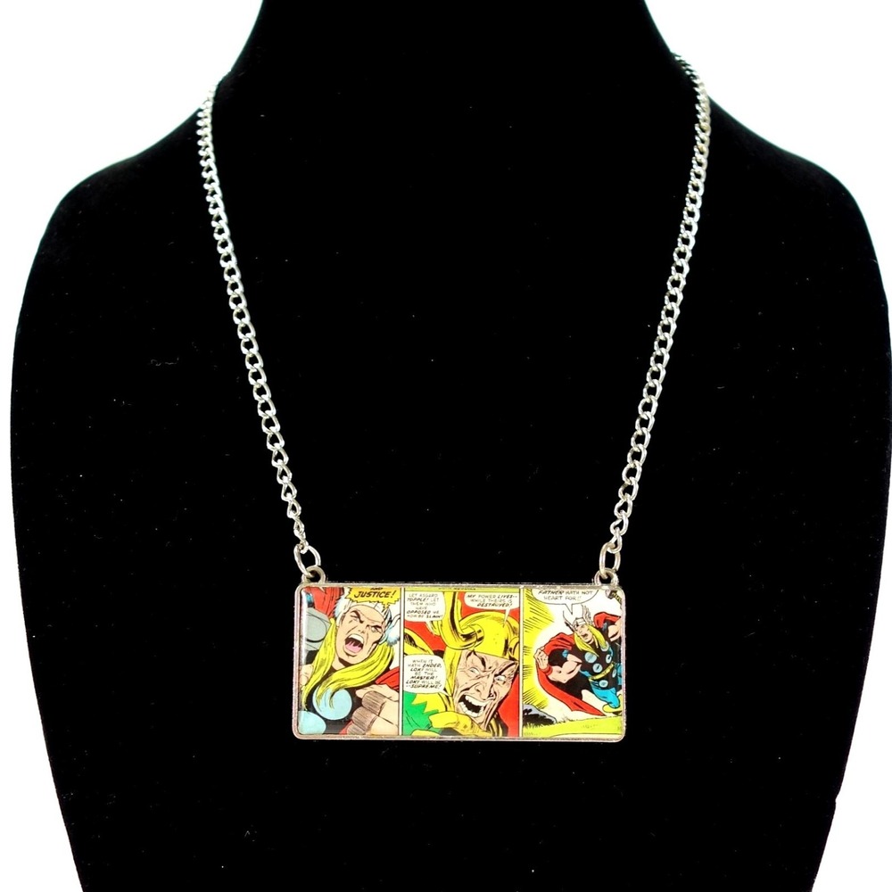 Marvel Comic Strip Necklace Silver Thor Loki Avengers Rectangular Pendant